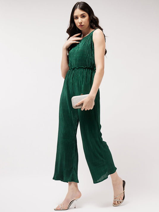 Solid Sleeveless Jumpsuit With Pleated Bottom