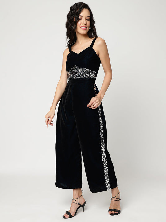 Solid Velvet Jumpsuit With Sequin Patch