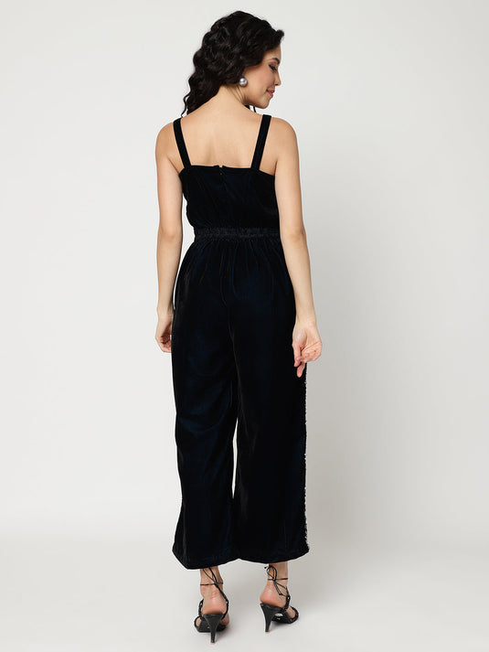 Solid Velvet Jumpsuit With Sequin Patch