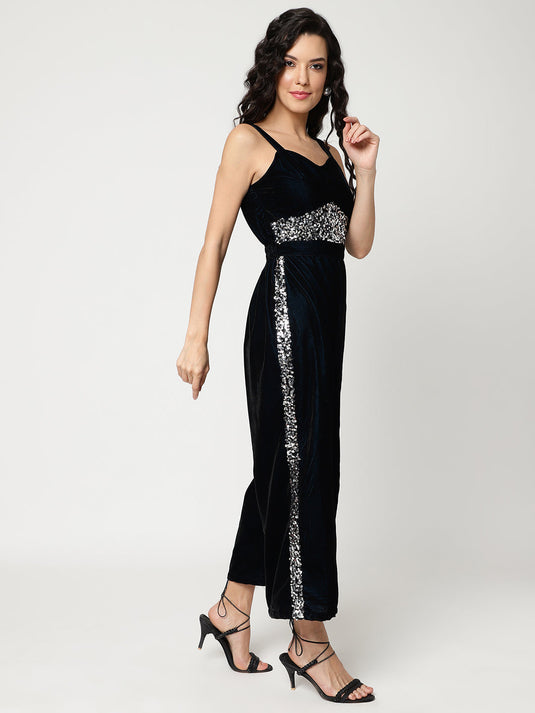 Solid Velvet Jumpsuit With Sequin Patch