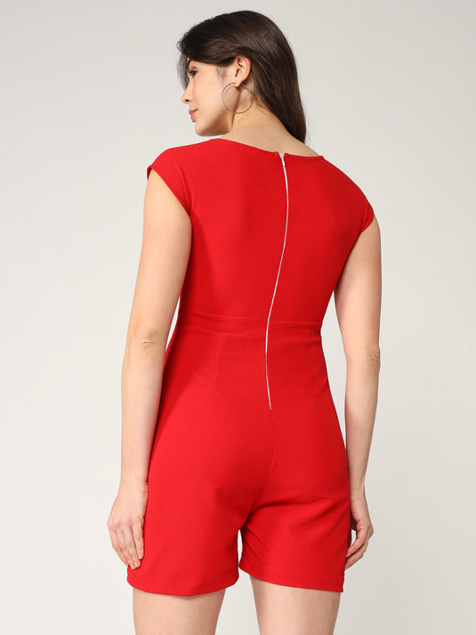 Solid Deep Front Plunge Neckline Playsuit With Drawstring