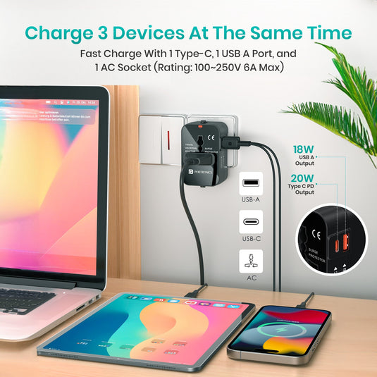 Portronics Juicemate 20W Type-C PD outlet for fast charging| 18W USB-A output adapter for fast charging| 3 in 1 universal adapter for smart device