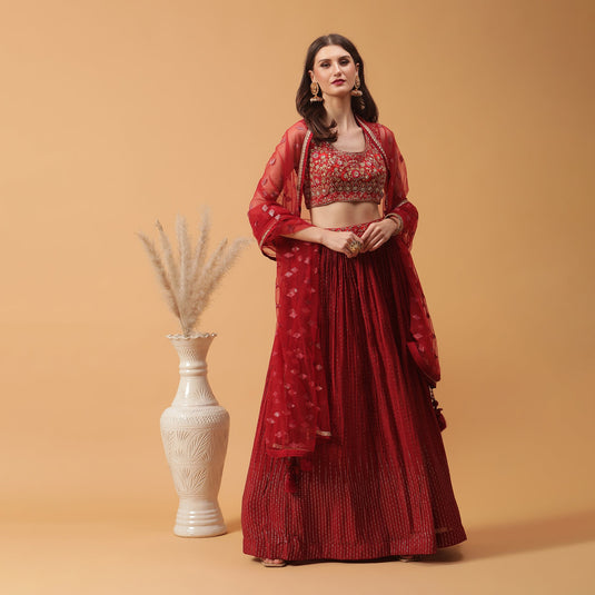 Pannkh Luxe Red Embroidered Blouse with Lehenga and Dupatta Set