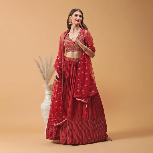 Pannkh Luxe Red Embroidered Blouse with Lehenga and Dupatta Set