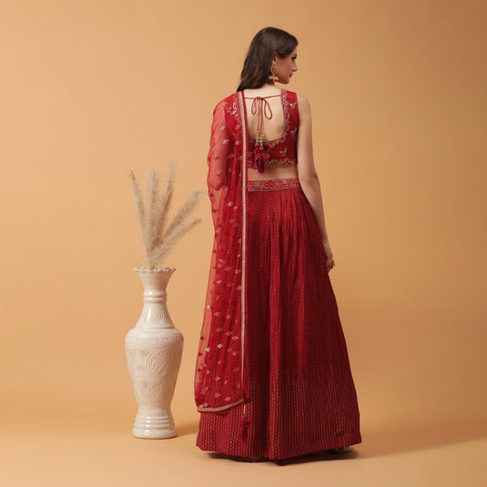 Pannkh Luxe Red Embroidered Blouse with Lehenga and Dupatta Set