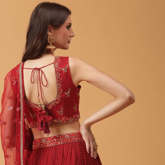 Pannkh Luxe Red Embroidered Blouse with Lehenga and Dupatta Set