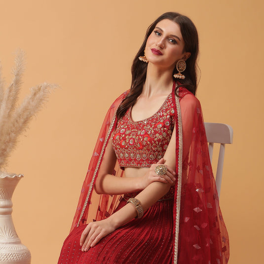 Pannkh Luxe Red Embroidered Blouse with Lehenga and Dupatta Set