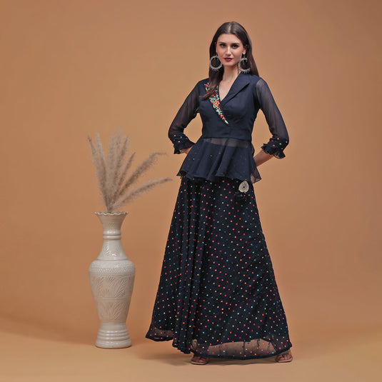 Pannkh Luxe Navy Blue Embroidered Lehenga with Short Jacket Set