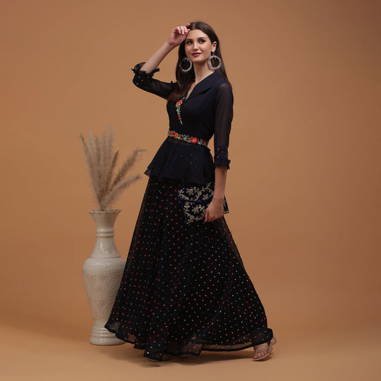 Pannkh Luxe Navy Blue Embroidered Lehenga with Short Jacket Set