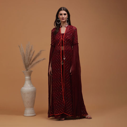 Pannkh Luxe Maroon Embroidered Lehenga with Stylish Jacket