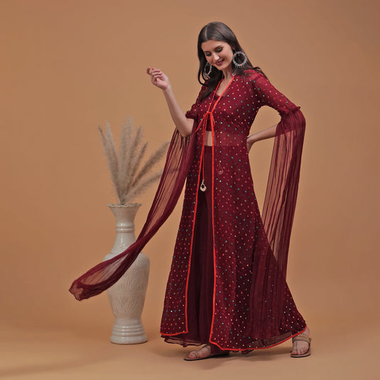 Pannkh Luxe Maroon Embroidered Lehenga with Stylish Jacket