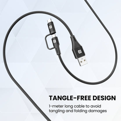 Portronics Konnect J7 Dual headed Cable Micro and Type C Cable tangle free cable. Black 