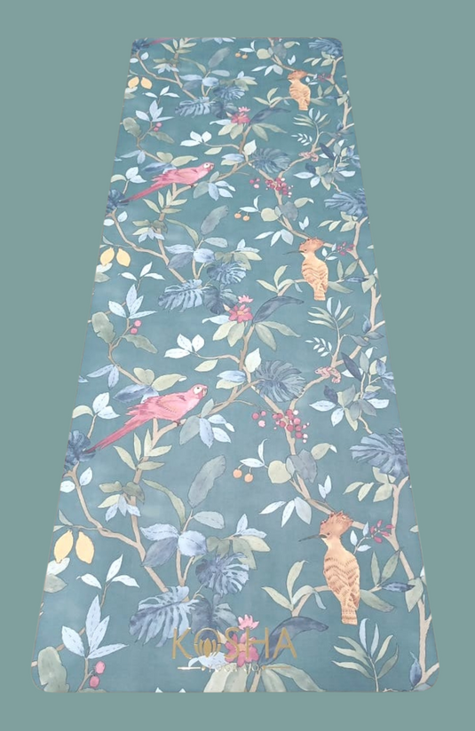 extra long natural rubber yoga mat with floral print in green colour by kosha yoga co