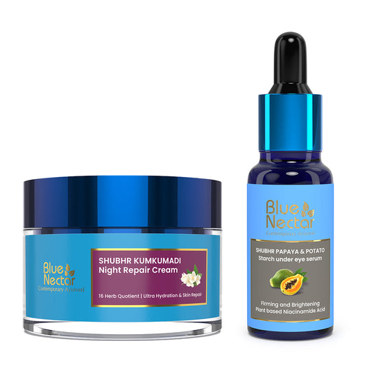 Papaya niacinamide eye serum for dark under eyes and Kumkumadi night cream for hydration and skin repair.