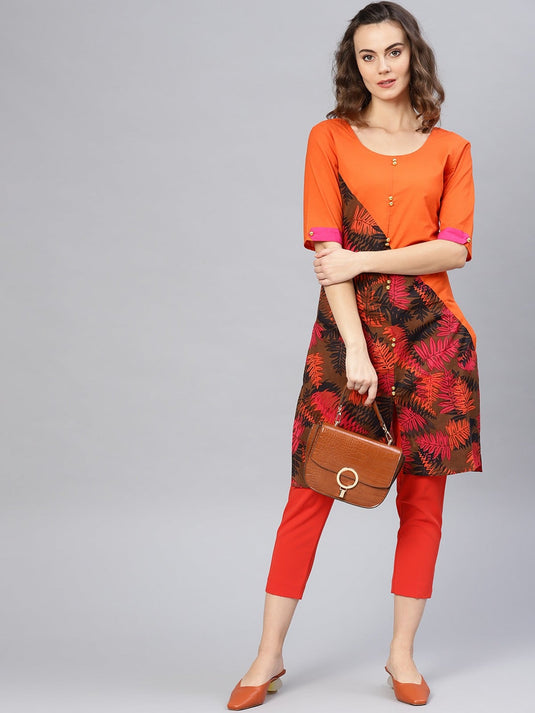 Orange Leaf Print Diagonal Cut Kurta