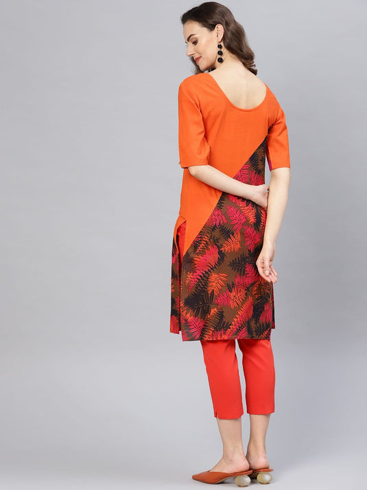 Orange Leaf Print Diagonal Cut Kurta