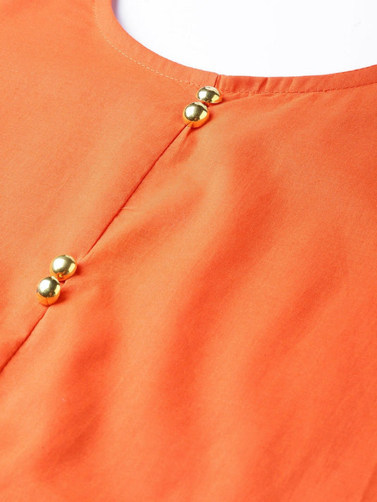 Orange Leaf Print Diagonal Cut Kurta