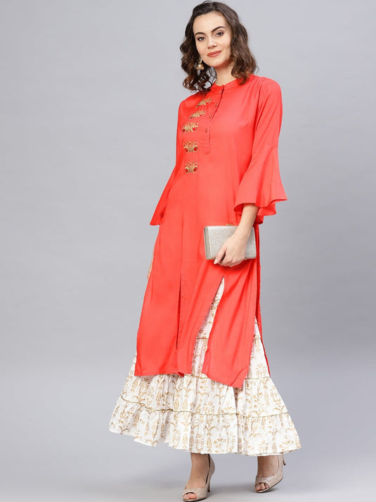 Red Embroidered Bell Sleeves Straight Kurta