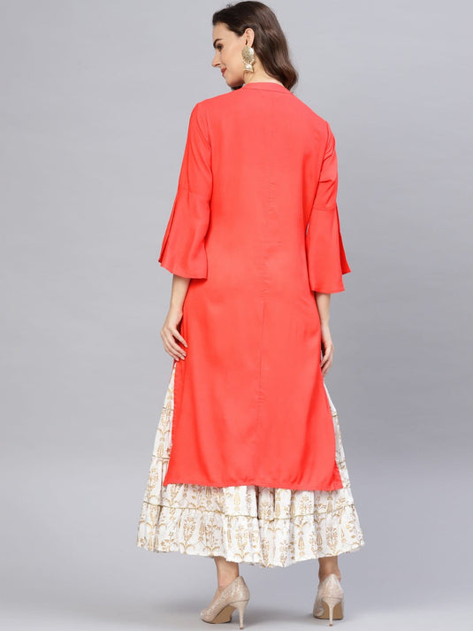 Red Embroidered Bell Sleeves Straight Kurta