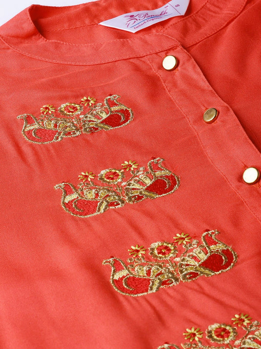 Red Embroidered Bell Sleeves Straight Kurta