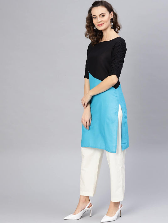 3/4sleeves Diagonal Color-Block Kurti