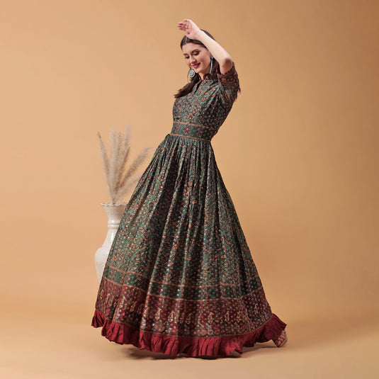 Pannkh Luxe Green All Over Printed Anarkali Gown