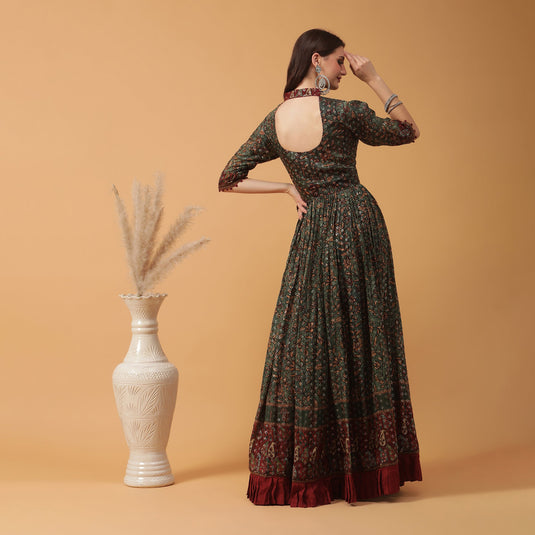 Pannkh Luxe Green All Over Printed Anarkali Gown