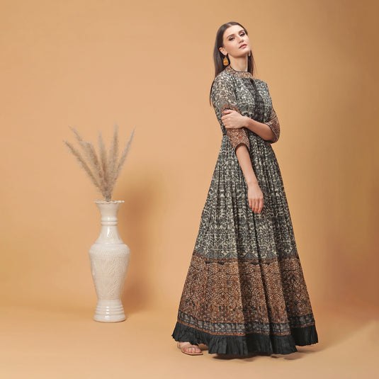 Pannkh Luxe Black All Over Printed And Embroidered Anarkali Gown With Keyhole