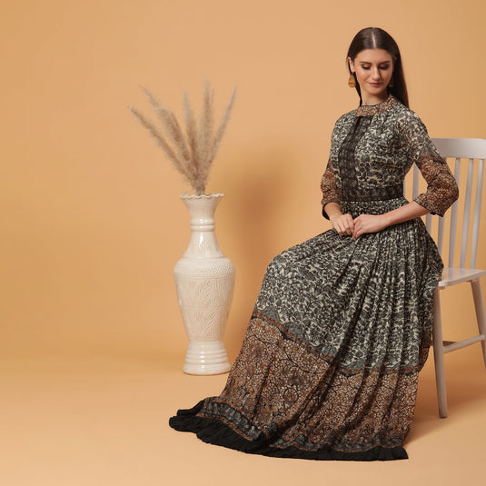 Pannkh Luxe Black All Over Printed And Embroidered Anarkali Gown With Keyhole