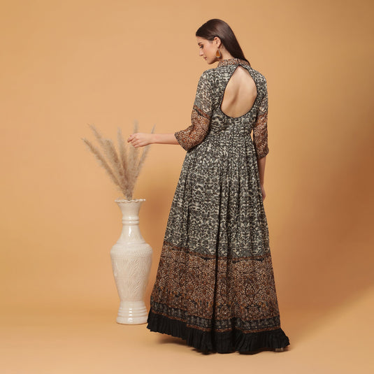 Pannkh Luxe Black All Over Printed And Embroidered Anarkali Gown With Keyhole