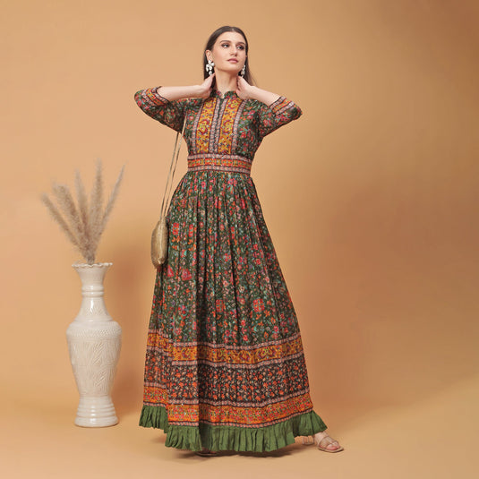 Pannkh Luxe Green All Over Printed Anarkali Gown With Front Border