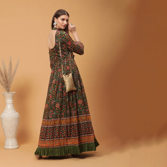 Pannkh Luxe Green All Over Printed Anarkali Gown With Front Border