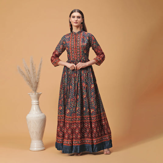 Pannkh Luxe Dark Blue All Over Printed Anarkali Gown