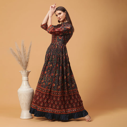 Pannkh Luxe Dark Blue All Over Printed Anarkali Gown