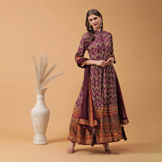 Pannkh Luxe Purple All Over Printed Anarkali with Dupatta Set