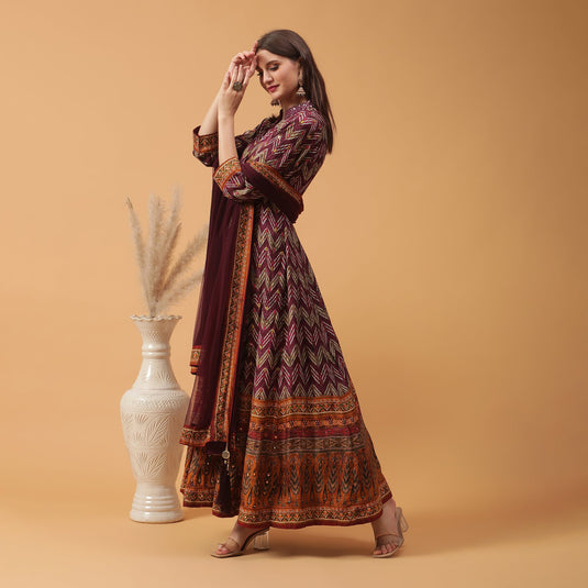 Pannkh Luxe Purple All Over Printed Anarkali with Dupatta Set