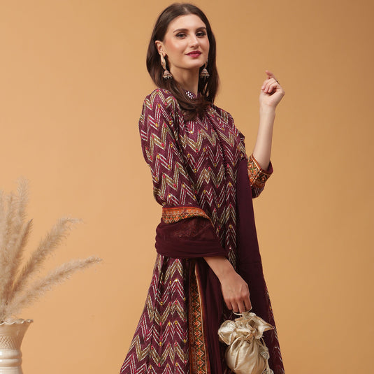 Pannkh Luxe Purple All Over Printed Anarkali with Dupatta Set