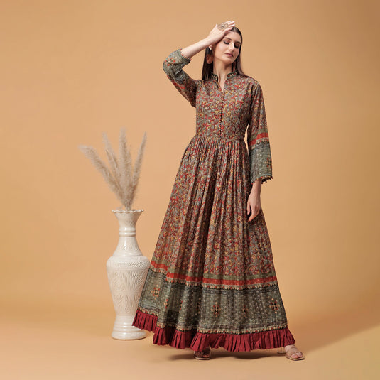 Pannkh Luxe Brown All Over Printed Anarkali Gown