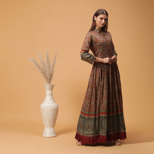 Pannkh Luxe Brown All Over Printed Anarkali Gown