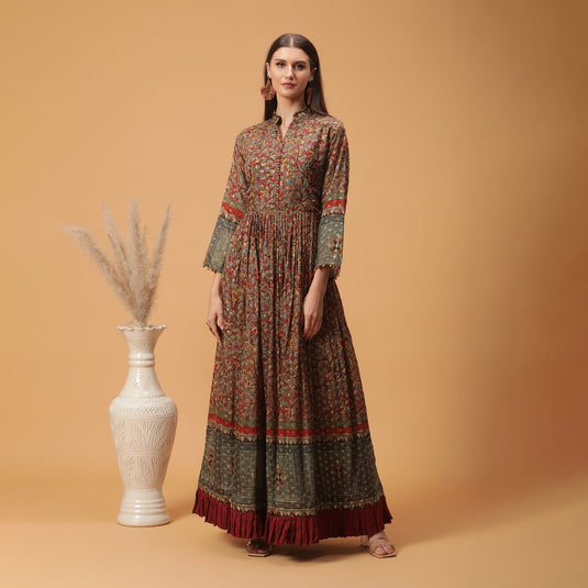 Pannkh Luxe Brown All Over Printed Anarkali Gown