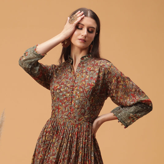 Pannkh Luxe Brown All Over Printed Anarkali Gown