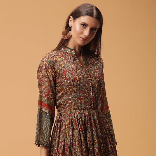 Pannkh Luxe Brown All Over Printed Anarkali Gown