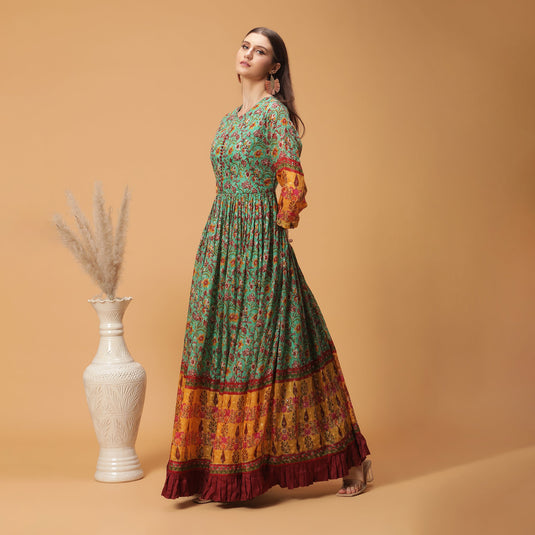 Pannkh Luxe Green All Over Printed Anarkali Gown With U-Shape Neckline