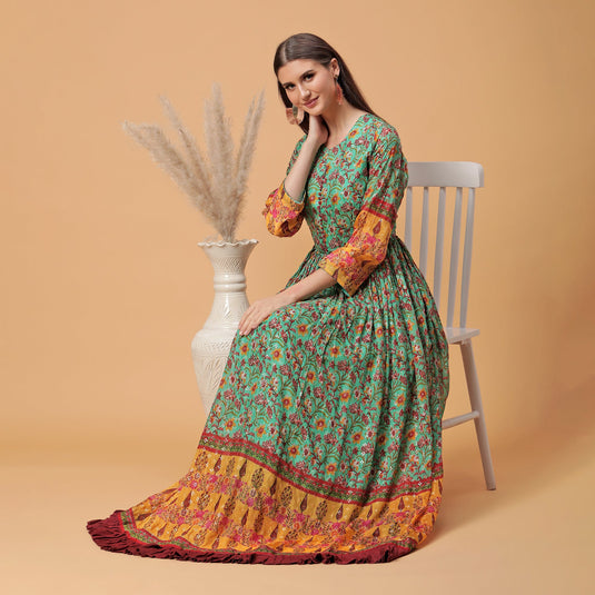 Pannkh Luxe Green All Over Printed Anarkali Gown With U-Shape Neckline