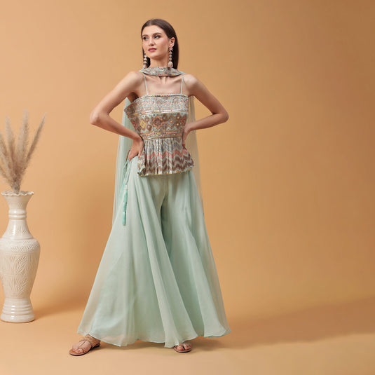 Pannkh Luxe Pastel Peplum Top with Sharara and Dupatta Set