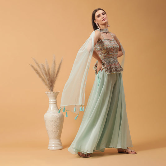 Pannkh Luxe Pastel Peplum Top with Sharara and Dupatta Set