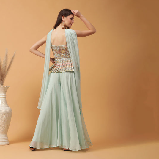 Pannkh Luxe Pastel Peplum Top with Sharara and Dupatta Set