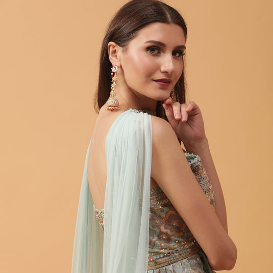 Pannkh Luxe Pastel Peplum Top with Sharara and Dupatta Set