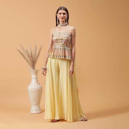 Pannkh Luxe Pastel Lemon Peplum Top with Sharara and Dupatta Set