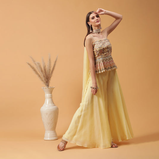 Pannkh Luxe Pastel Lemon Peplum Top with Sharara and Dupatta Set